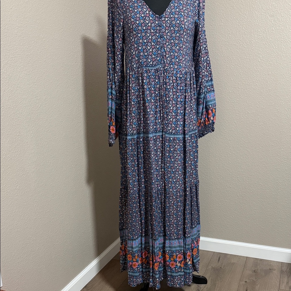 Navy Floral Tiered Maxi Dress with Border Trim